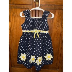 Blueberry Boulevard Girls Navy Blue Polka Dot Daisy Dress Size 4T Floral Bow